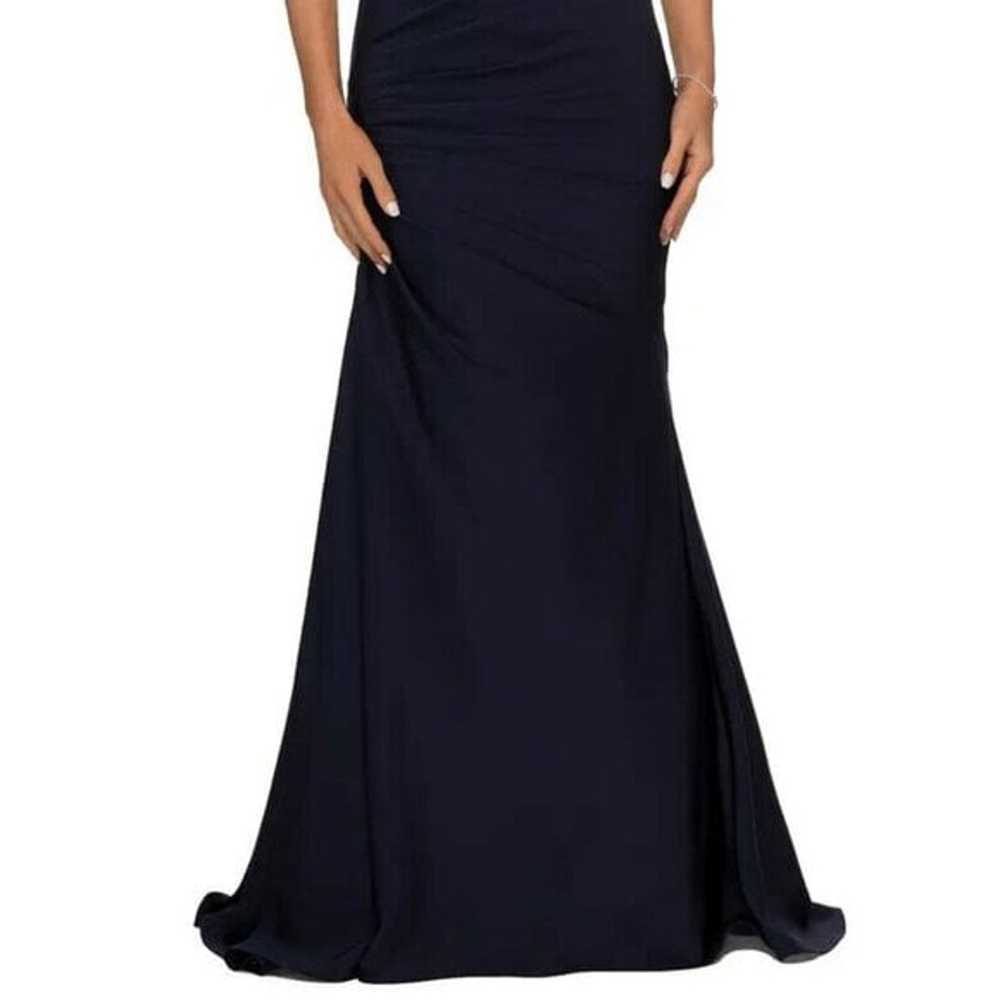 La Femme Navy Blue Lace Back Satin Trumpet Gown - image 2