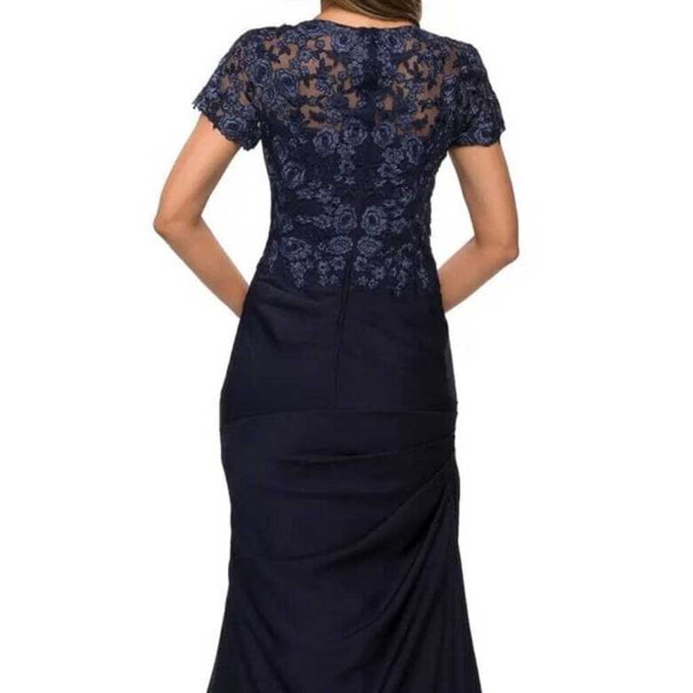 La Femme Navy Blue Lace Back Satin Trumpet Gown - image 3