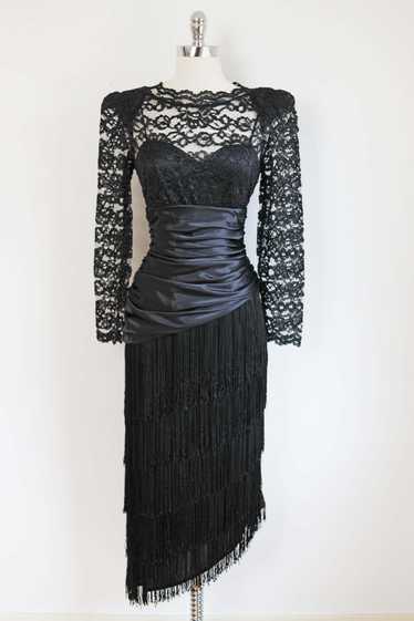 Vintage 1980s FRINGED Dress - FEMME FATALE Black L