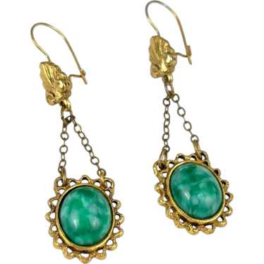 Vintage Gold-Tone Dangle Earrings With Green Oval 