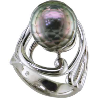 14K White Gold Faceted Tahitian Cultured Pearl Rin