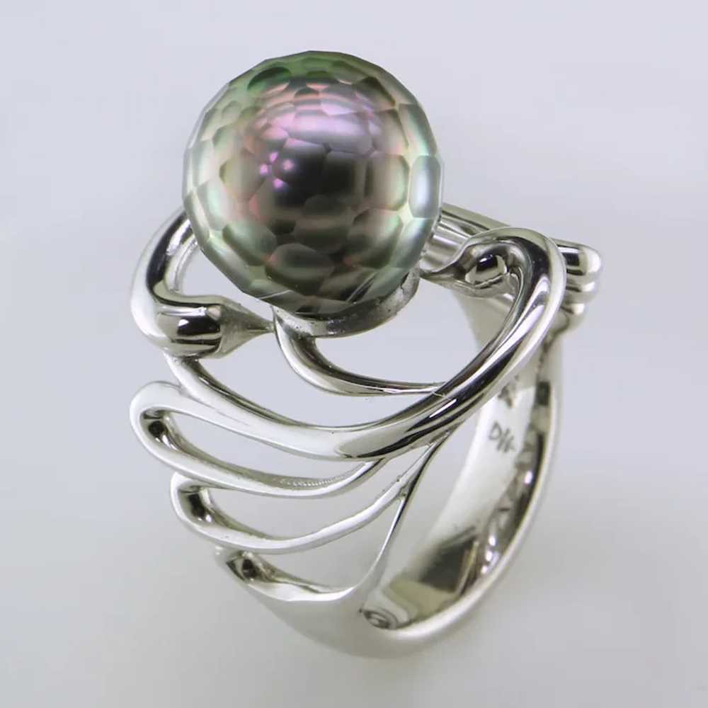 14K White Gold Faceted Tahitian Cultured Pearl Ri… - image 5