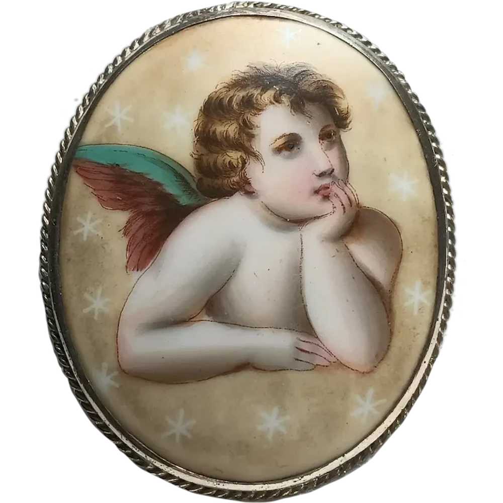 Painted porcelain angel brooch 2 1/4" - image 1