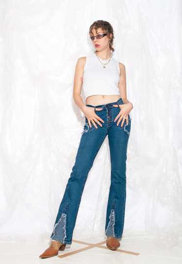 Vintage Y2K Flare Jeans in Blue with Fringe Detail