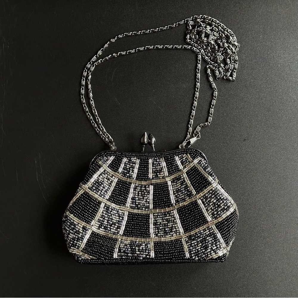 Vintage Black & Silver Beaded Small Clutch With C… - image 2