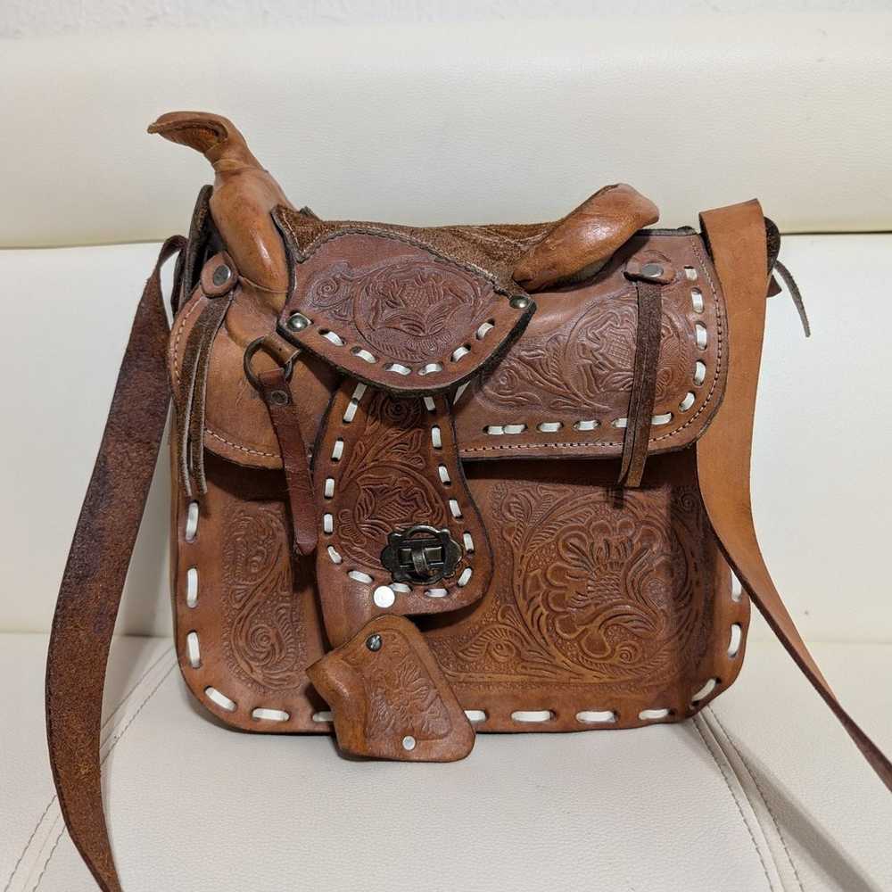 Vintage Tooled Leather Horse Saddle Tack Purse Sh… - image 3