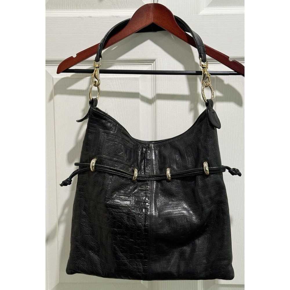 Drawstring Black Stamped Leather Drawstring Satch… - image 1