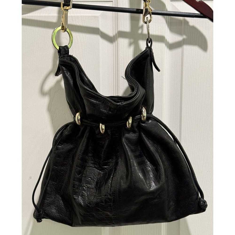 Drawstring Black Stamped Leather Drawstring Satch… - image 3