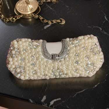 Pearl and rhinestone clutch snap closure satin li… - image 1