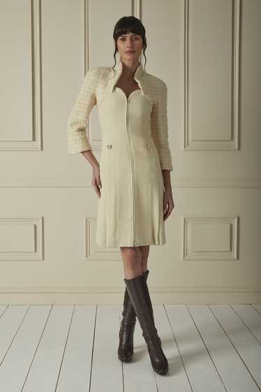 Cream & Gold Wool Tweed Pleated Dress Send in SMS 