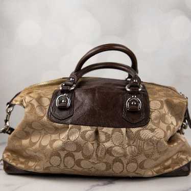 Coach Ashley Khaki Signature Pleated 2024 Sateen & Mahogany Leather Satchel