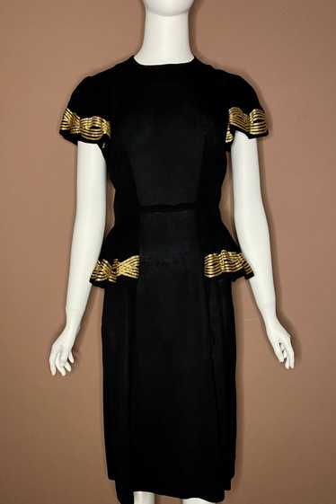 1940s CREPE DRESS WITH GOLD BRAID TRIM