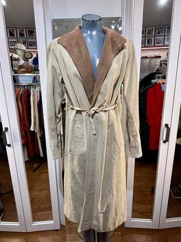 80’s Beige & Brown Collar Leather Long Jacket By … - image 1