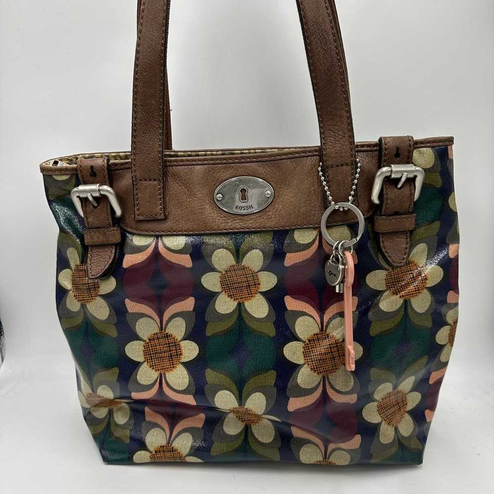 Fossil Key-Per Leather Daisy Print Tote Shoulder … - image 1