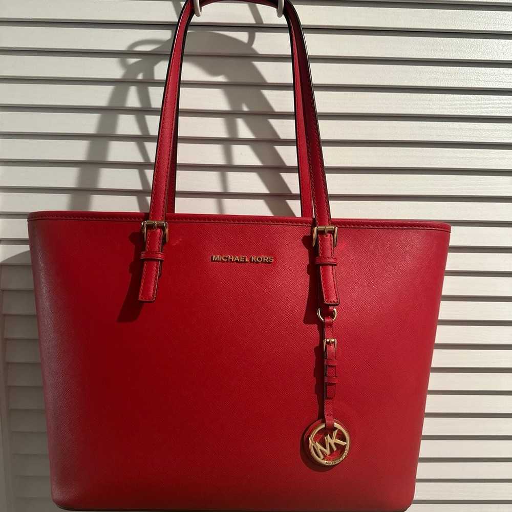 EUC Michael Kors Extra large Red Tote with MK gol… - image 1