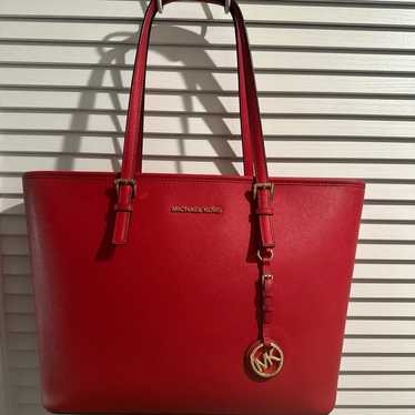 EUC Michael Kors Extra large Red Tote with MK gol… - image 1