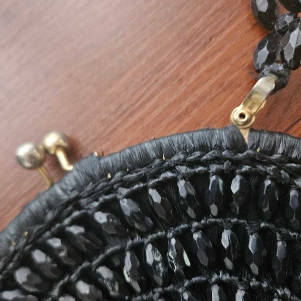 Vintage Circular Round Black Purse Raffia Beaded … - image 11