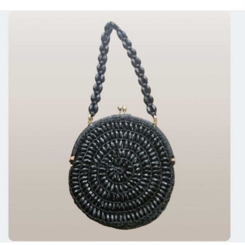 Vintage Circular Round Black Purse Raffia Beaded … - image 2