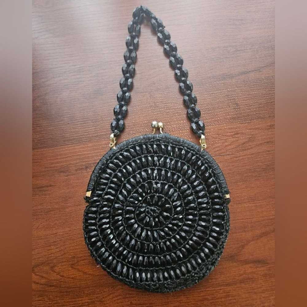 Vintage Circular Round Black Purse Raffia Beaded … - image 3