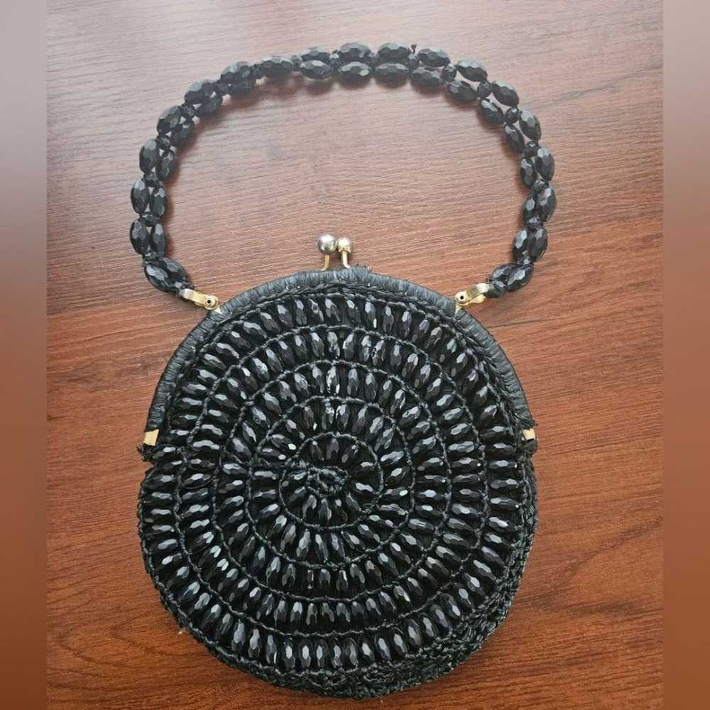 Vintage Circular Round Black Purse Raffia Beaded … - image 6