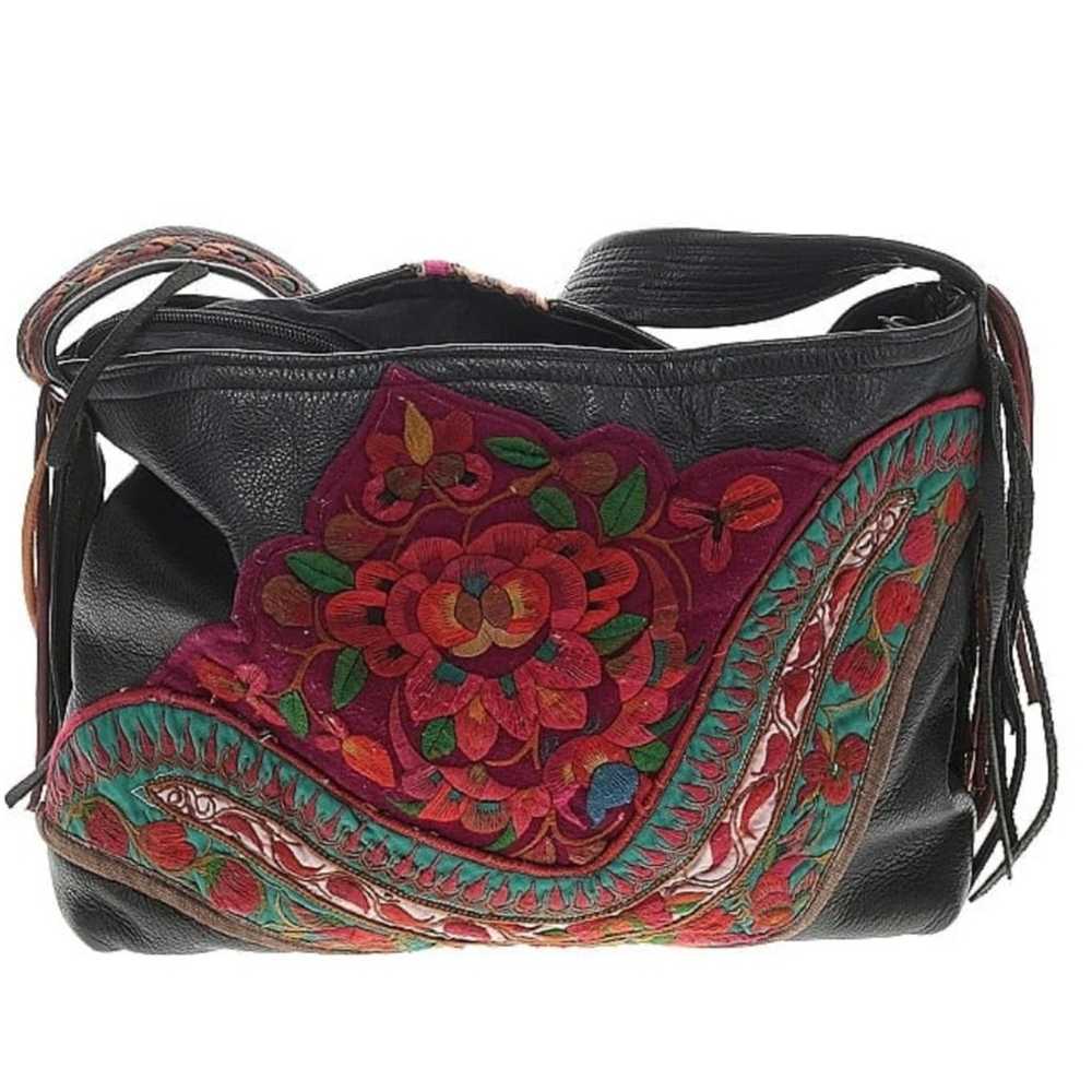 Handmade embroidered black leather Crossbody bag - image 2