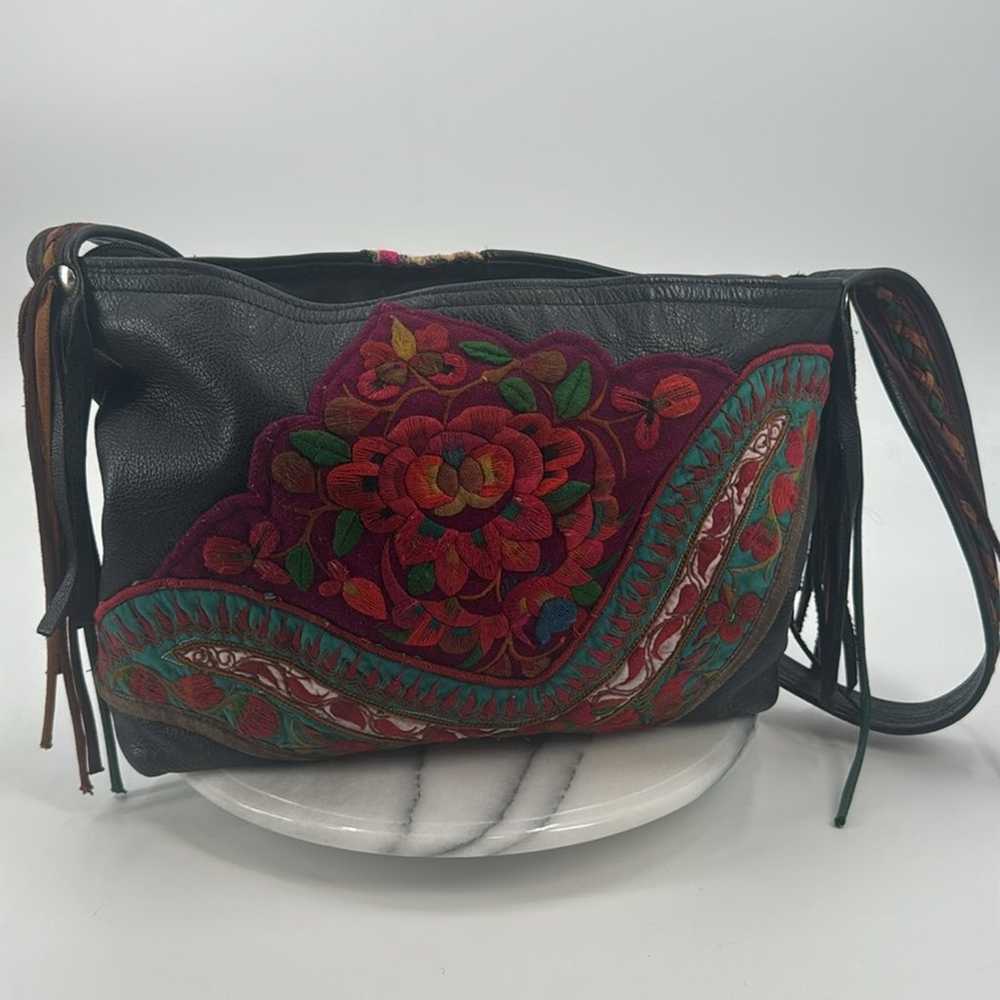 Handmade embroidered black leather Crossbody bag - image 4