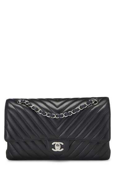 Black Chevron Lambskin Classic Double Flap Medium 