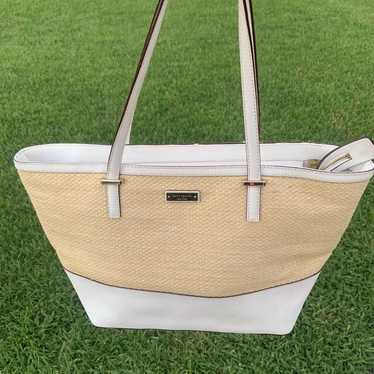 Kate Spade Tan White Woven Straw Large Satchel To… - image 1