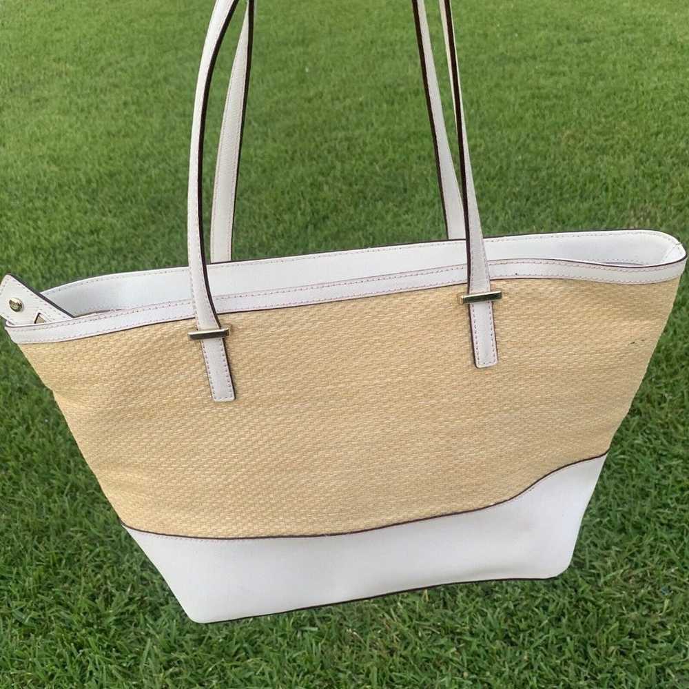 Kate Spade Tan White Woven Straw Large Satchel To… - image 3