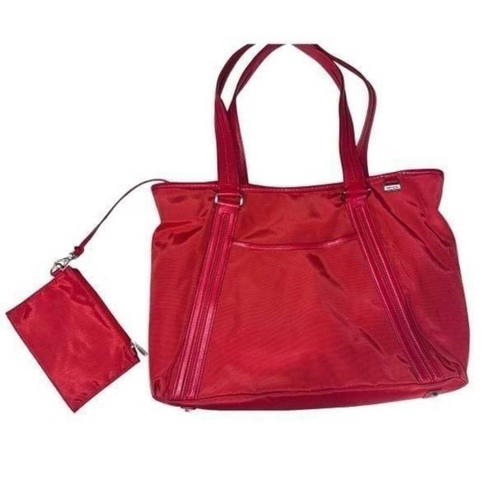 Tumi 2pc Red Nylon Leather Trim Tote + Zipper Pou… - image 4