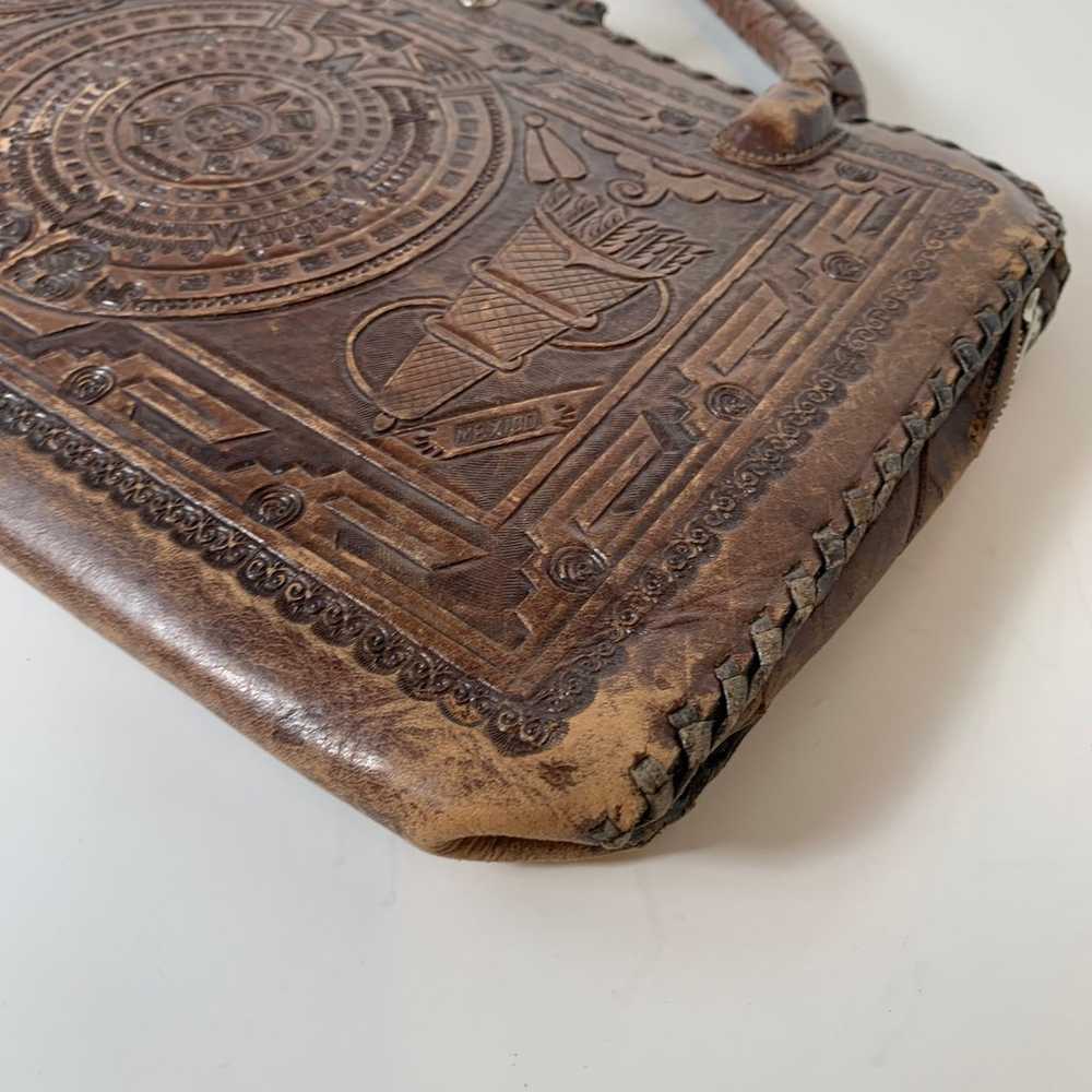 Vintage Hand Tooled Brown Leather Indian Handbag - image 10