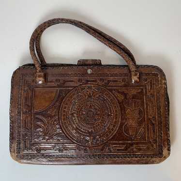 Vintage Hand Tooled Brown Leather Indian Handbag - image 1