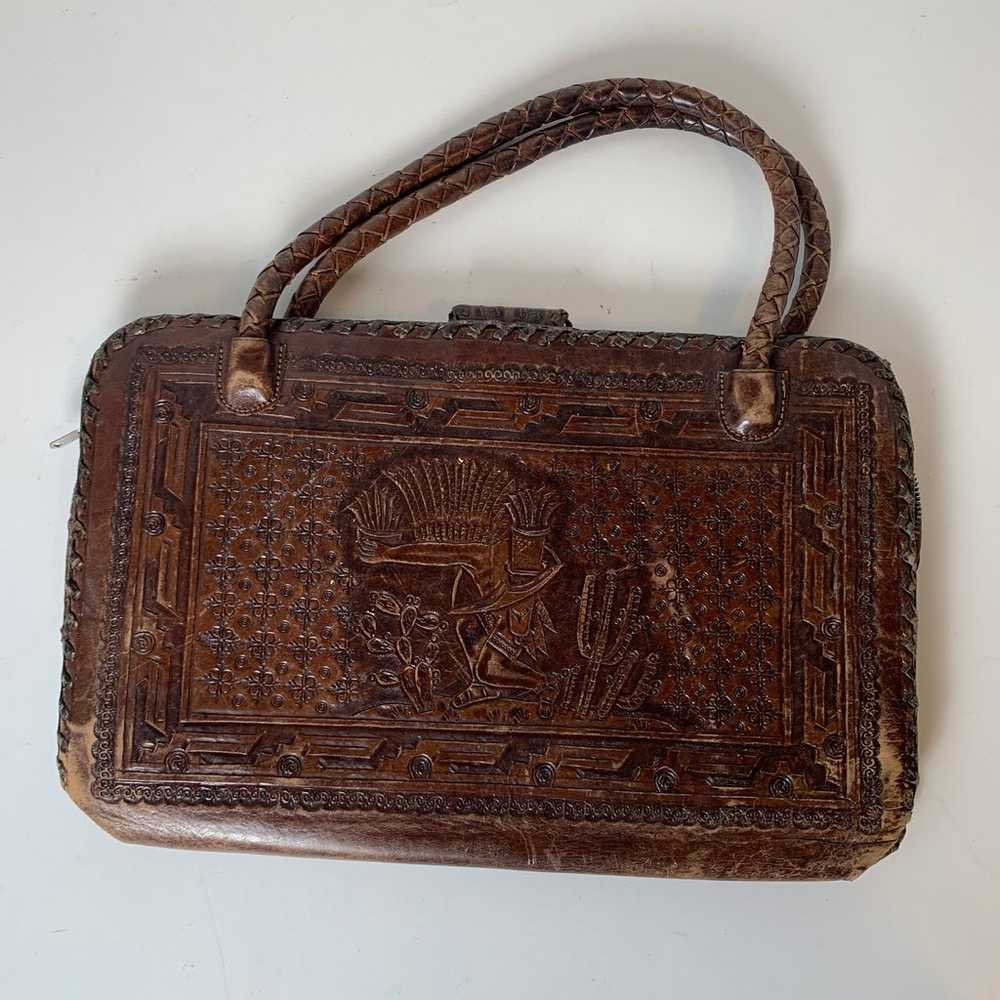 Vintage Hand Tooled Brown Leather Indian Handbag - image 2