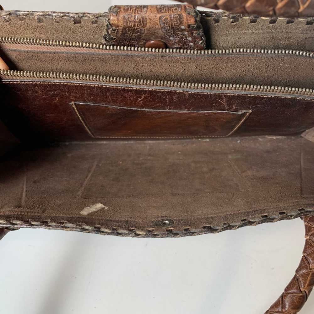 Vintage Hand Tooled Brown Leather Indian Handbag - image 4