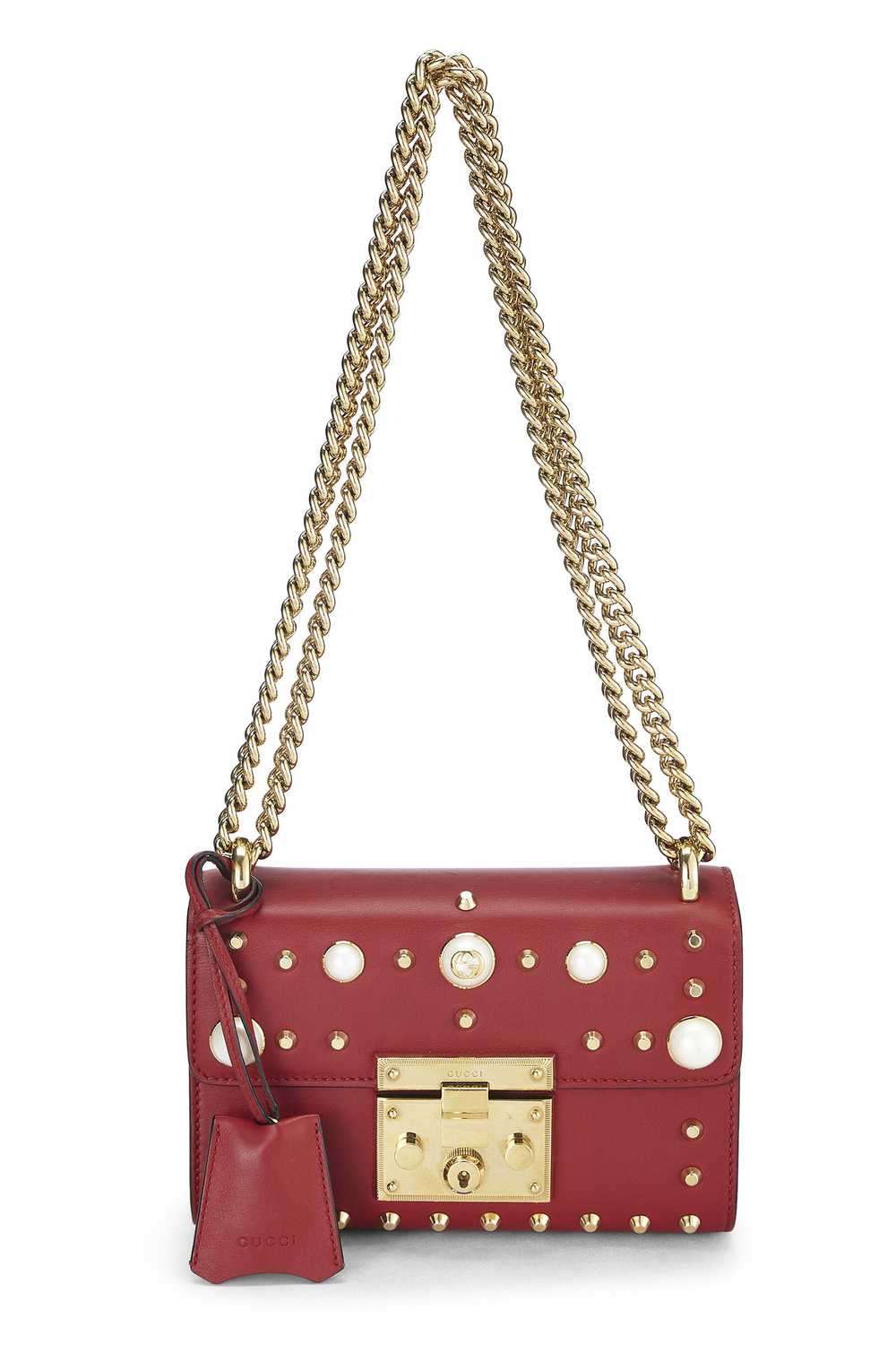 Red Leather Stud & Faux Pearl Padlock Shoulder Ba… - image 1