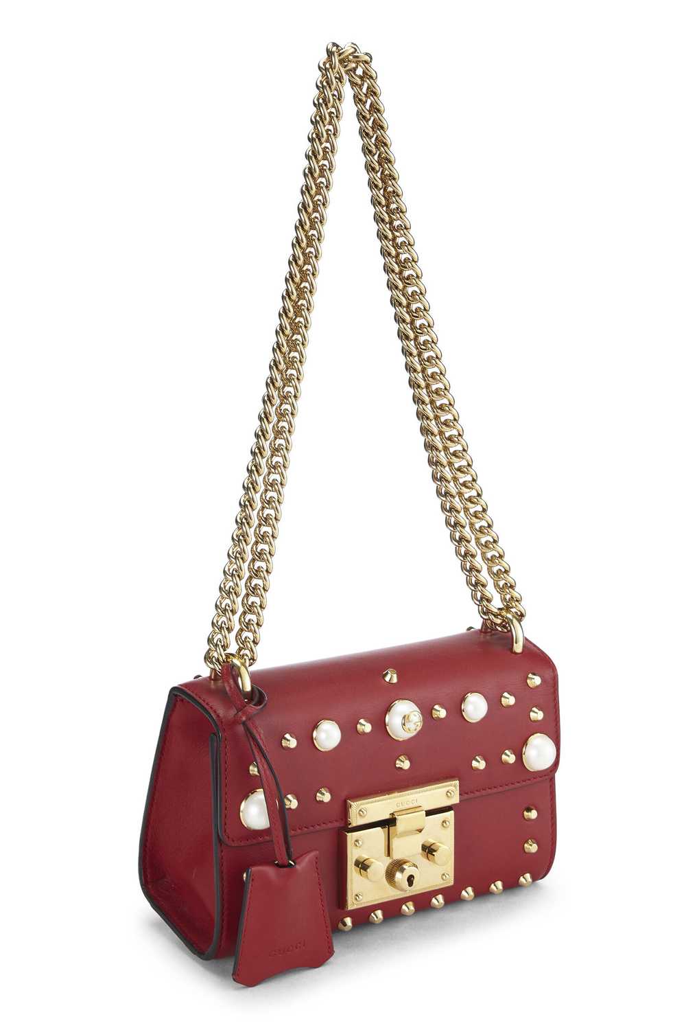 Red Leather Stud & Faux Pearl Padlock Shoulder Ba… - image 2