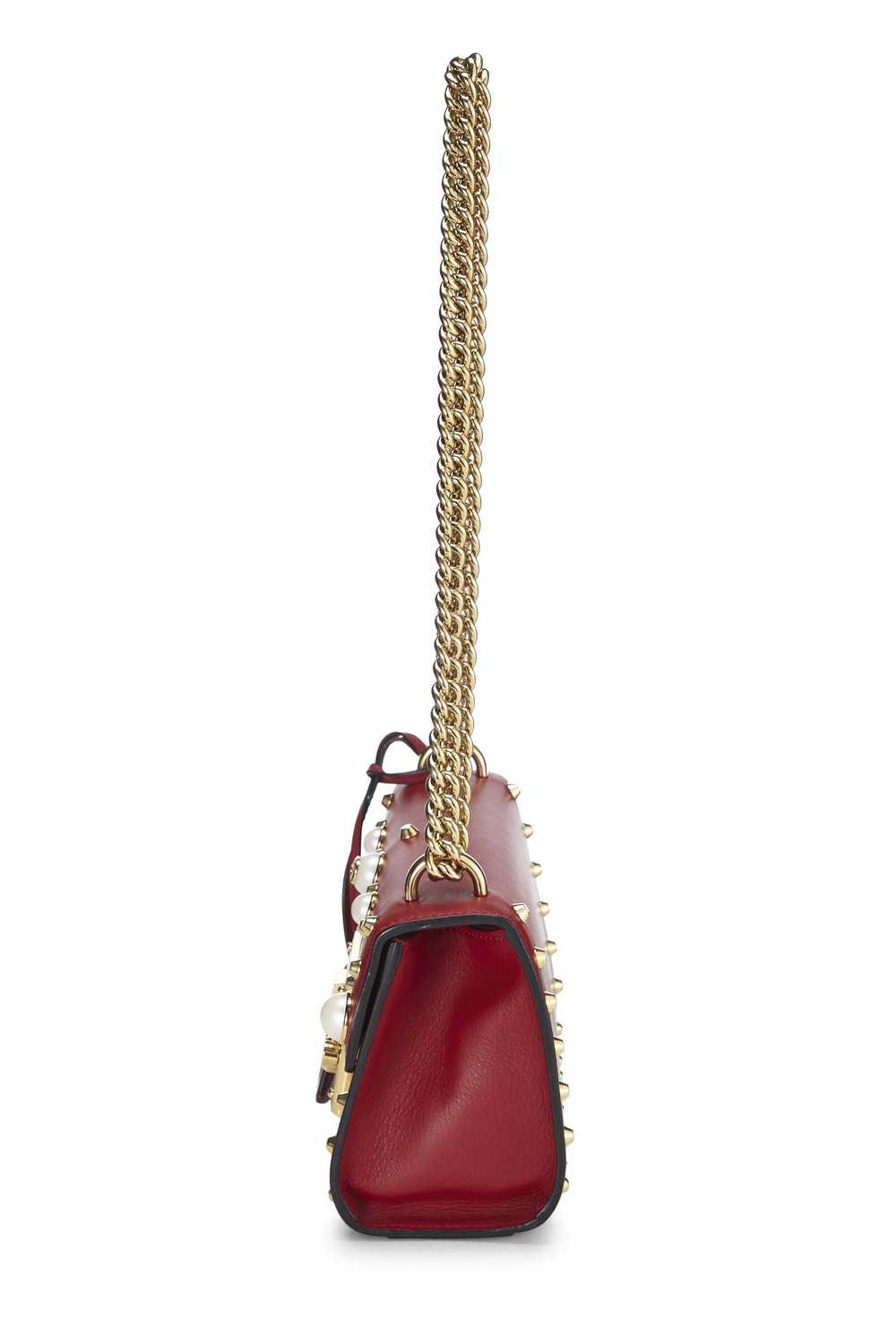 Red Leather Stud & Faux Pearl Padlock Shoulder Ba… - image 3