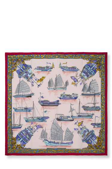 Red & Multicolor 'Jonques et Sampans' Silk Scarf 9