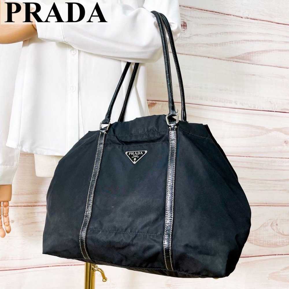 PRADA Tote Bag Handbag Triangle Logo Black White … - image 1