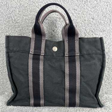 Hermes Herline Canvas Tote Black Gray One Interior