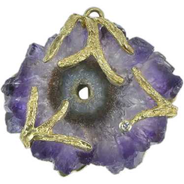 14K Amethyst Slice Geode Diamond Leaf Branch Pend… - image 1