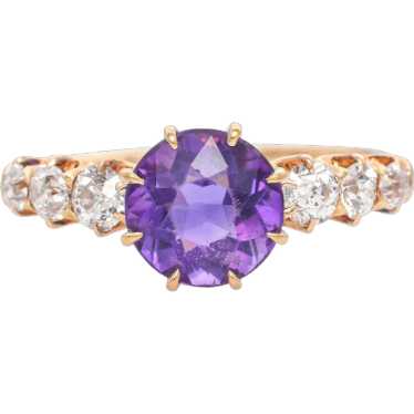 Antique Yellow Gold Amethyst and Diamond Solitair… - image 1