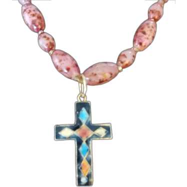 Vintage Enamel Cross Pendant and Glass Bead Neckl… - image 1