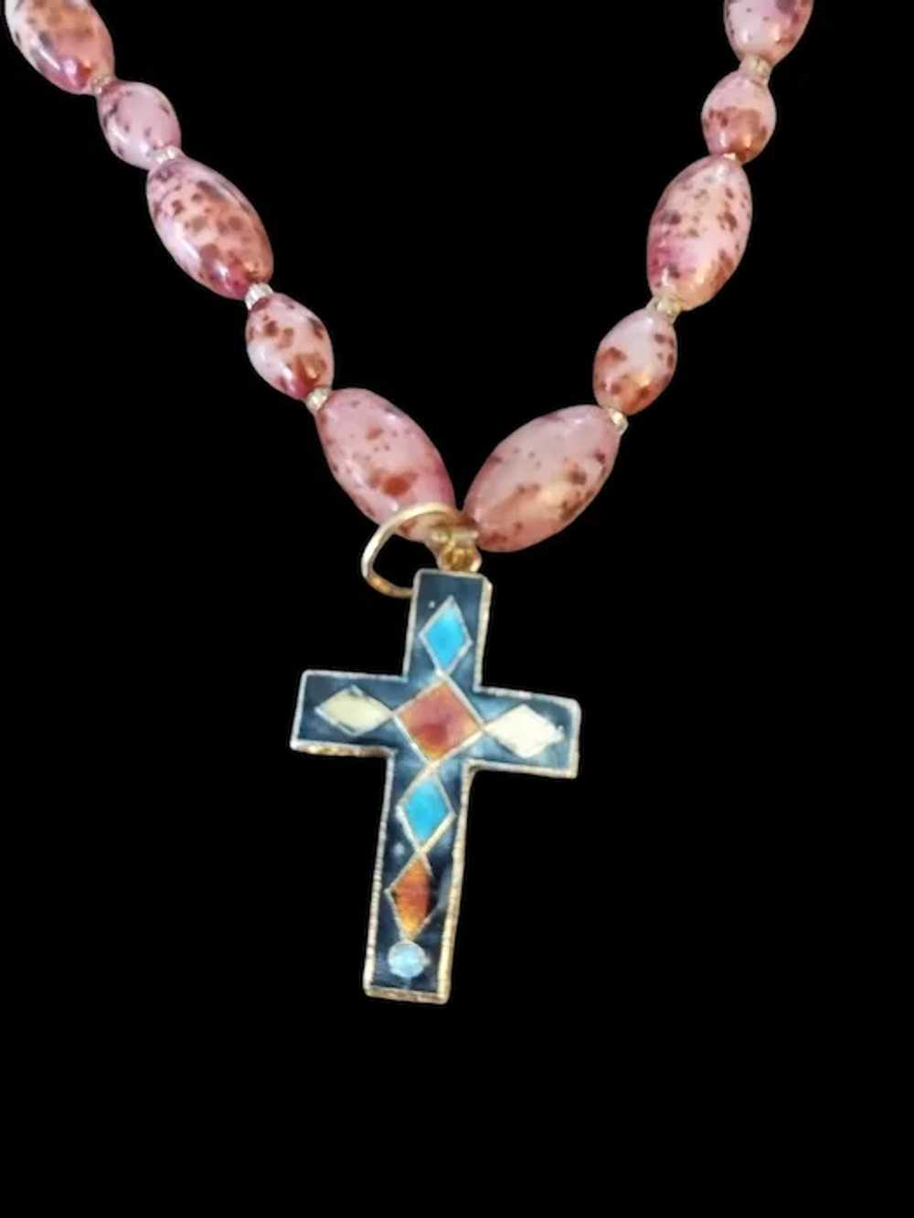 Vintage Enamel Cross Pendant and Glass Bead Neckl… - image 3