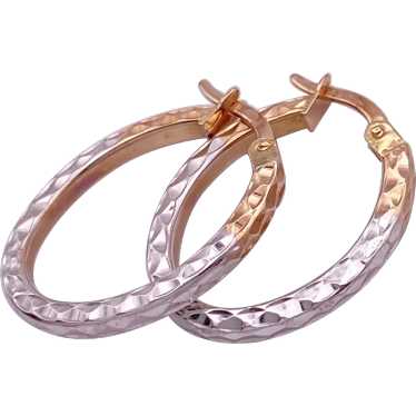 Oval Hoop Earrings 14K Two-Tone Gold Diamond Text… - image 1