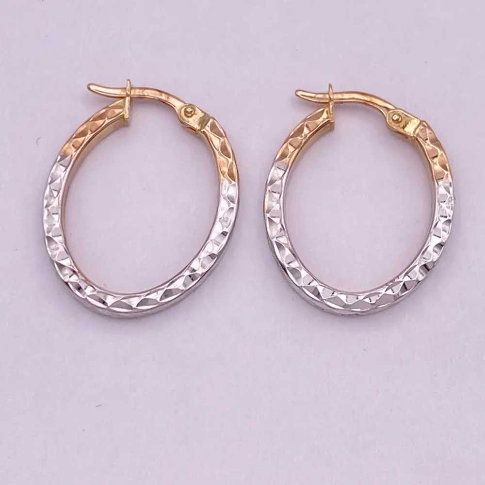 Oval Hoop Earrings 14K Two-Tone Gold Diamond Text… - image 3