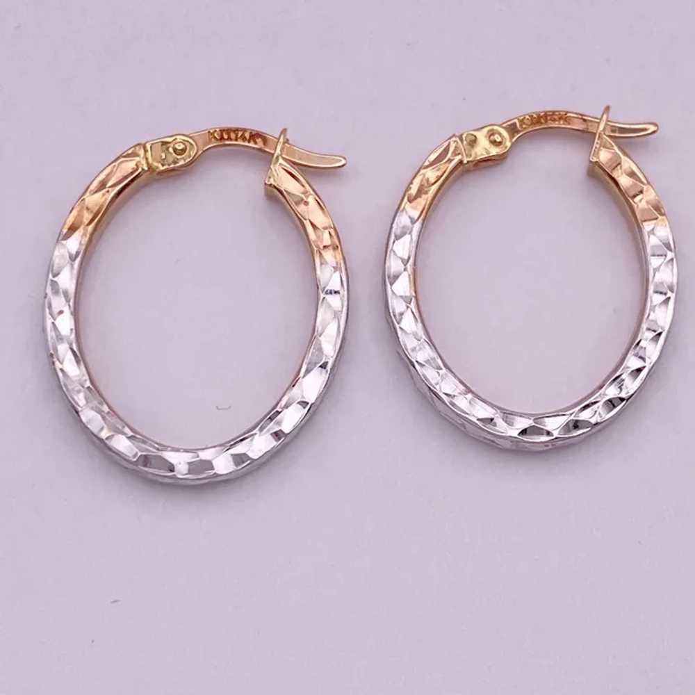 Oval Hoop Earrings 14K Two-Tone Gold Diamond Text… - image 4