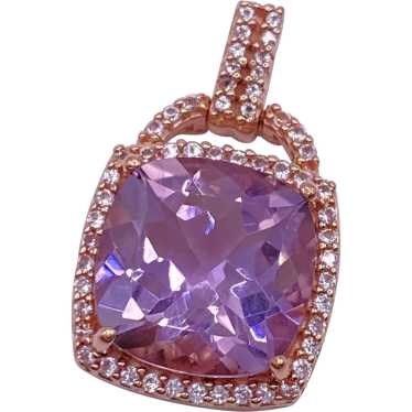 Diamond Halo Amethyst Pendant 10K Rose Gold Cushio