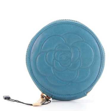 Chanel Camellia Round CC Coin Purse in Blue Lambs… - image 1