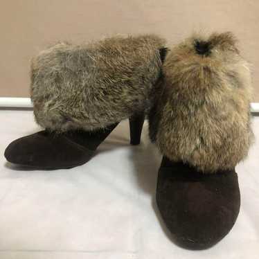 Dark Brown Suede Booties with Fur Trim